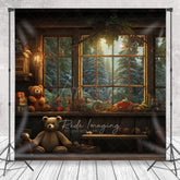 Aperturee Aperturee Vintage Toy Workshop Cake Smash Backdrop Kids Christmas Room with Teddy Bear Rustic Holiday Photography Prop